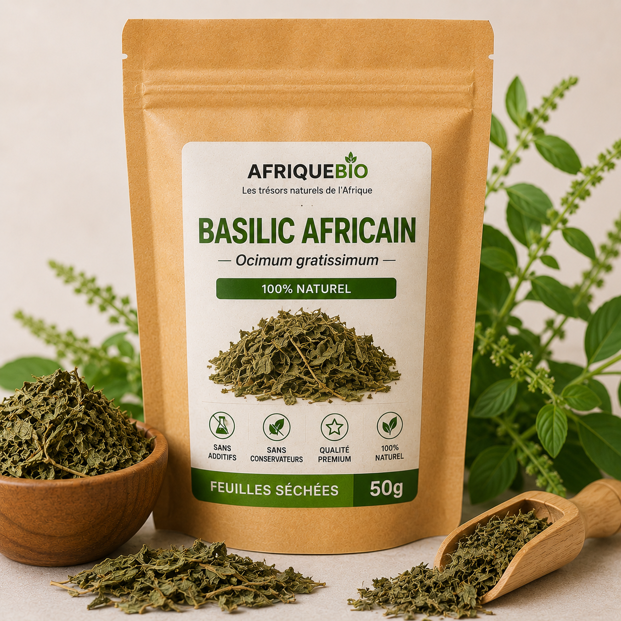 Basilic africain BazarBio pour soulager infections, feuilles vertes fraîches dans un bol en céramique.