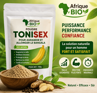 Poudre Tonisex Afriquebio pour agrandir et allonger naturellement le troisième pied, en poudre fine dans un flacon.