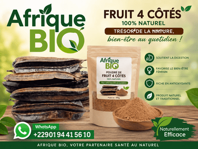 Poudre de fruit BAZARBIO-AFRIQUEBIO à 4 côtés, booster la fertilité, image montrant la texture et la packaging du produit.