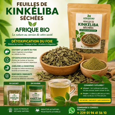 Feuilles de Kinkeliba AFRIQUEBIO pour détox hépatique, vue de près avec feuilles vertes séchées.