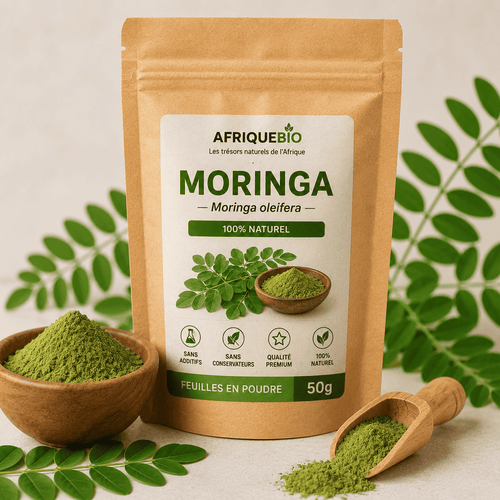 Poudre de Moringa oleifera vitamines d'AfriqueBio dans un sachet, vue rapprochée, naturelle et sans emballage visible.