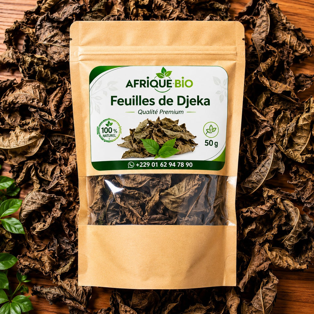 Feuilles Djeka pour la sécheresse vaginale, produit AFRIQUEBIO, illustrant l'emballage naturel et les feuilles sèches.