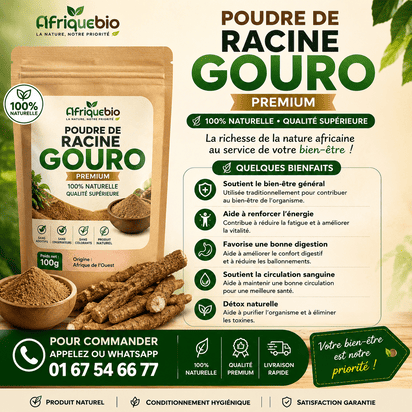Poudre de racine Gouro premium naturelle dans un sachet, fabriquée par AFRIQUEBIO, pour soins traditionnels et santé naturelle.