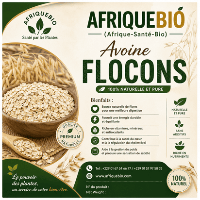 Avoine biologique AFRIQUEBIO, céréale naturelle riche en bienfaits pour la santé, visible dans un bol avec grains entiers.