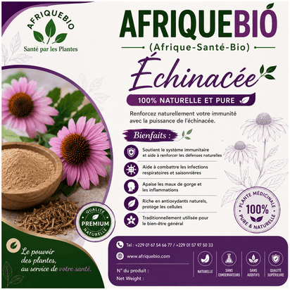 Tisane à l’échinacée de la marque Afriquebio, plante naturelle pour renforcer le système immunitaire, dans un emballage.