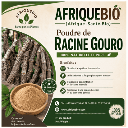 Poudre de racine Gouro Premium par AfriqueBio, 100% naturelle, en sachet, visible dans l'image.