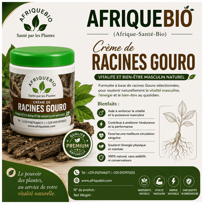Crème de Racines Gouro AFRIQUEBIO pour la vitalité et le bien-être masculin, texture riche et naturelle visible dans l'image.