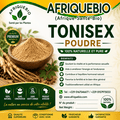 Poudre Tonisex AFRIQUEBIO pour agrandir et allonger le troisième pied naturel, en flacon avec bouchon noir.