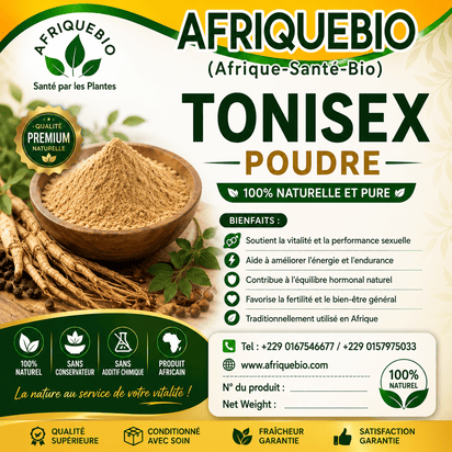 Poudre Tonisex AFRIQUEBIO pour agrandir et allonger le troisième pied naturel, en flacon avec bouchon noir.
