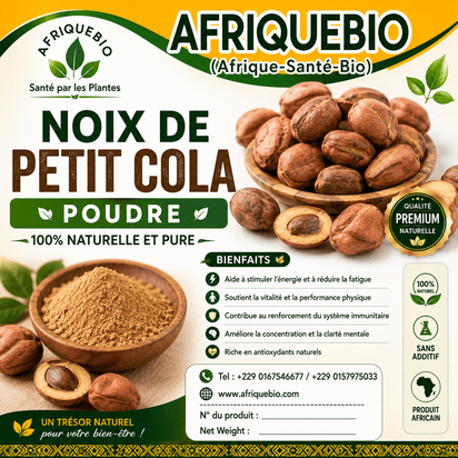 Poudre de Petit Cola Premium par AFRIQUEBIO, poudre naturelle pour énergie et vitalité, visible dans le sachet.