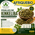Feuilles de Kinkeliba pour détox hépatique, produit AFRIQUEBIO, vue des feuilles séchées dans un emballage végétal.