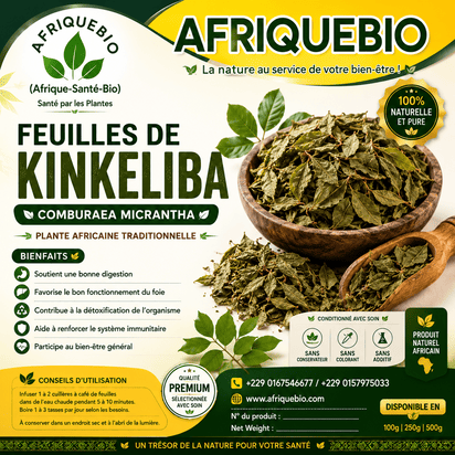 Feuilles de Kinkeliba pour détox hépatique, produit AFRIQUEBIO, vue des feuilles séchées dans un emballage végétal.