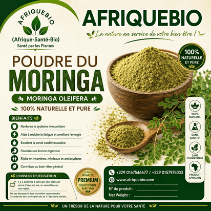 Poudre de Moringa oleifera de la marque AFRIQUEBIO, riche en vitamines, dans un emballage blanc avec étiquette verte.