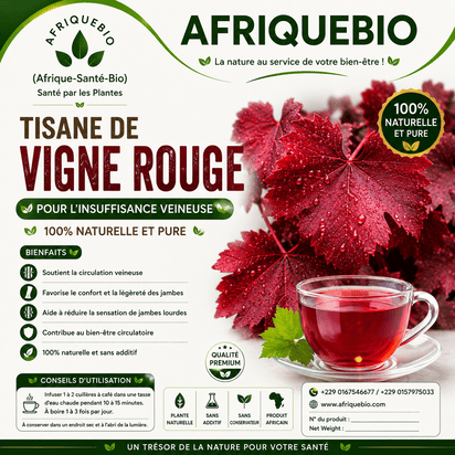 Tisane de Vigne Rouge AFRIQUEBIO pour l'insuffisance veineuse, sachet de tisane aux feuilles de vigne rouge.