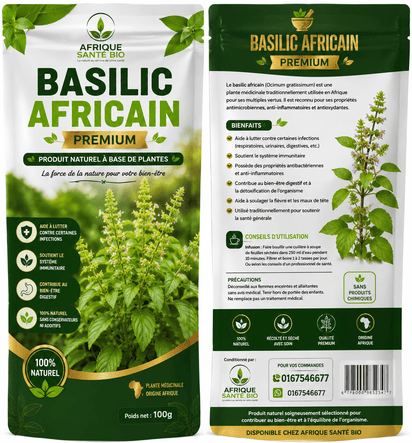 Feuilles de basilic africain d'AFRIQUEBIO, plante naturelle utilisée pour soulager les infections.