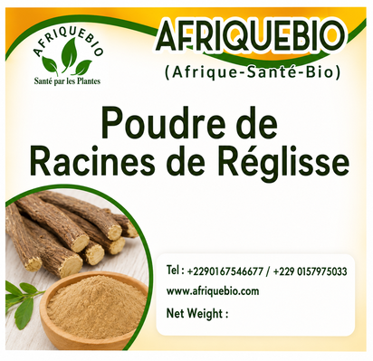 Poudre de racines de réglisse AFRIQUEBIO, produit naturel pour soutenir l’énergie, en pot blanc avec étiquette.