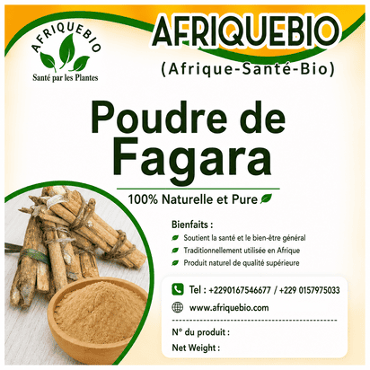 Poudre de Fagara premium d'AFRIQUEBIO, naturelle, pour énergie, digestion et bien-être, en sachet.