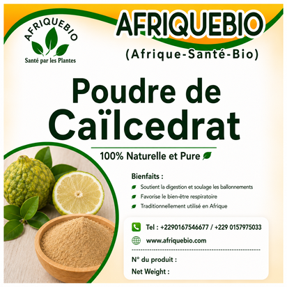 Poudre de Caïlcedrat 100% naturelle et pure d'Afriquebio, en sachet blanc avec étiquette, prête à être utilisée.