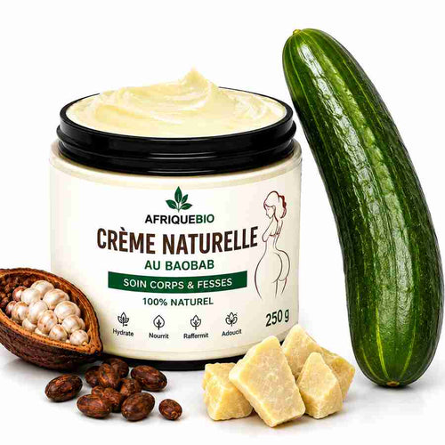 Crème naturelle AfriqueBio pour agrandir le Bangala, contenant des ingrédients naturels, dans un pot blanc avec étiquette.