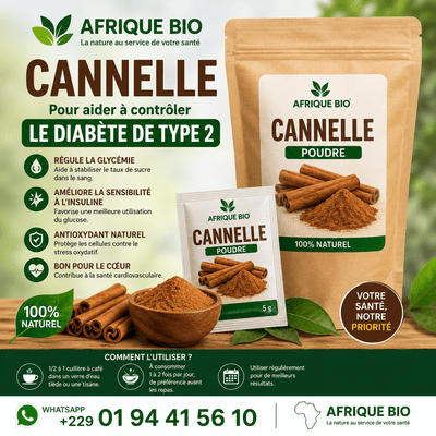 Cannelle naturelle AFRIQUEBIO pour la gestion du diabète de type 2, illustration de bâtons de cannelle dans un bol en bois.