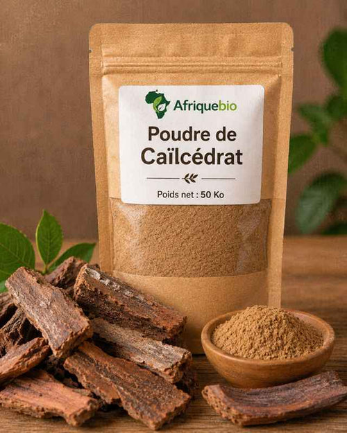 Poudre de Caïlcedrat Afriquebio en sachet de 50 kg, poudre naturelle pour usage cosmétique ou alimentaire.