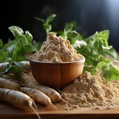 Ginseng Excellent AFRIQUEBIO, stimulant sexuel naturel, racine de ginseng fraîche dans un bol blanc.