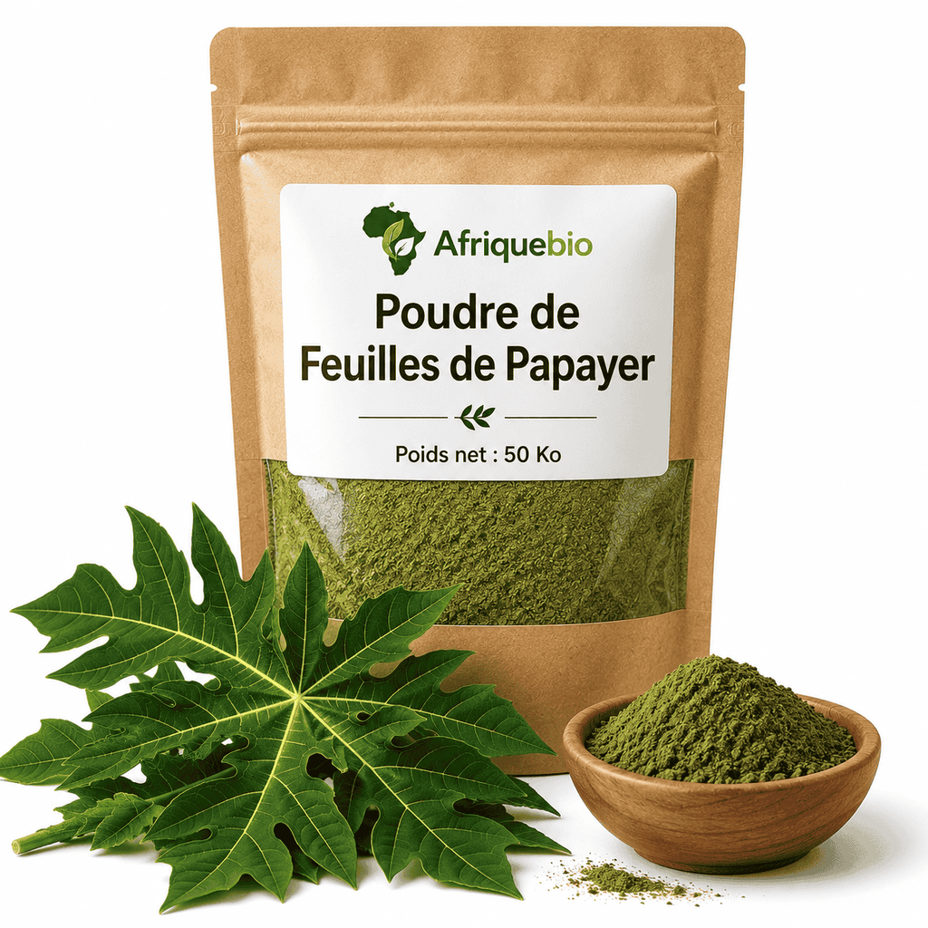 Poudre de feuilles de papayer AfriqueBio, booster système immunitaire, vue en pot transparent avec étiquette verte.