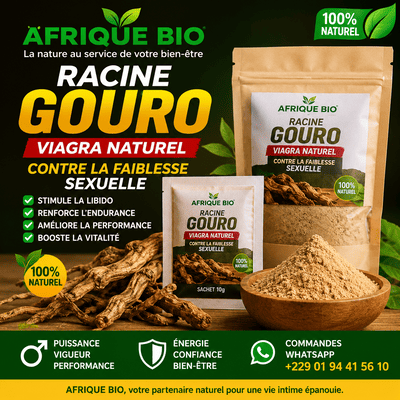 Poudre de racine Gouro contre la faiblesse sexuelle, produite par BAZARBIO-AFRIQUEBIO, visible dans un sachet ouvert.