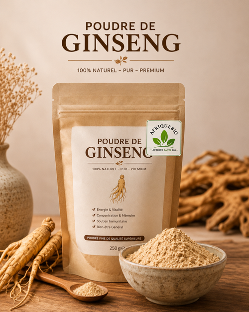 Poudre de ginseng AFRIQUEBIO en sachet, fine et dorée, prête à être utilisée pour la santé et le bien-être.