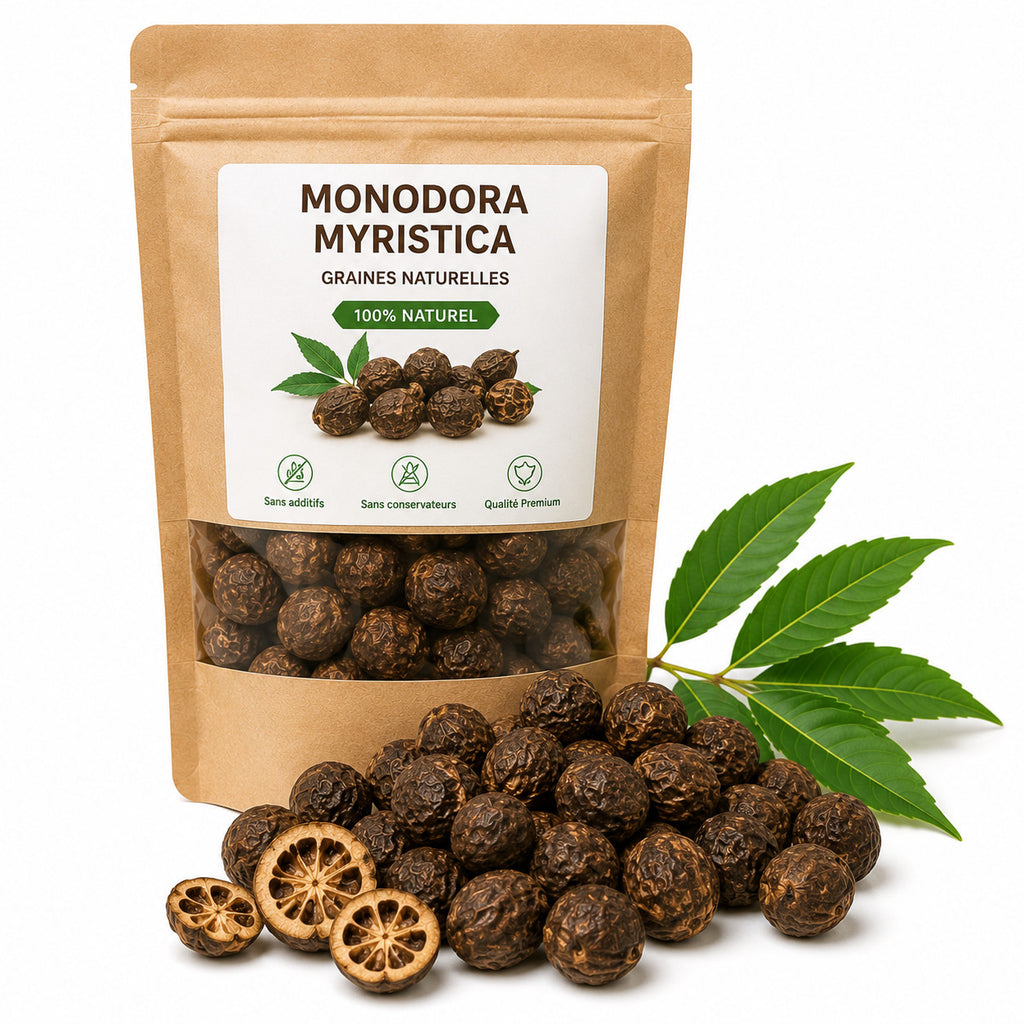 Épices Monodora myristica de la marque AFRIQUEBIO, graines ou fruits visibles dans une image naturelle.