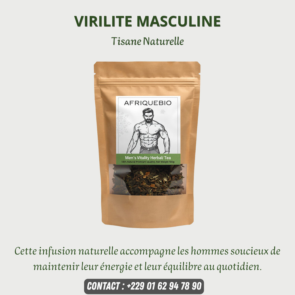 Tisane naturelle pour la virilité masculine, produit AFRIQUEBIO avec plantes vertes dans un bol en céramique.