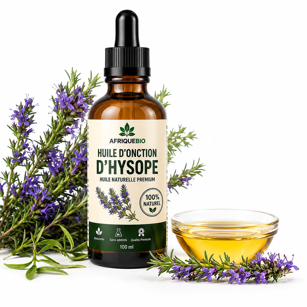 Huile d'onction d'hysope par AfriqueBio, flacon avec pipette, liquide clair et parfumé, utilisé pour les soins naturels.