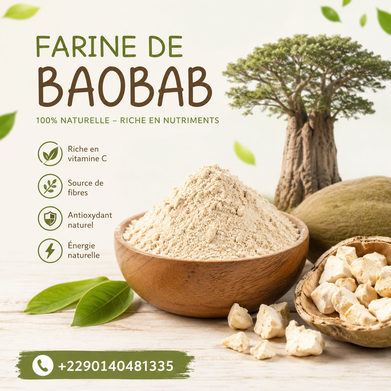 Produit 152 :Pain de singe, Farine de Baobab Bienfaits traditionnellement reconnus (50g)