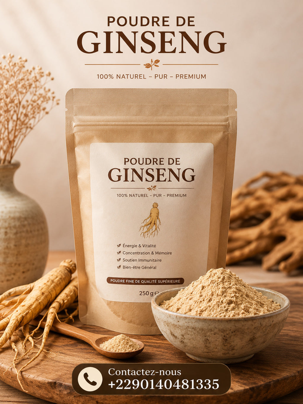 Produit 115 :Poudre de ginseng 100g puissant aphrodisiaque