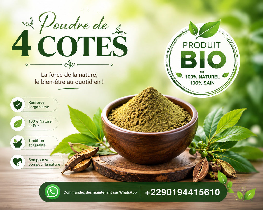 Poudre de fruit 4 côtés (Tetrapleura tetraptera) de l'épice et plante médicinale AFRIQUEBIO, en pot, texture fine et aromatique.